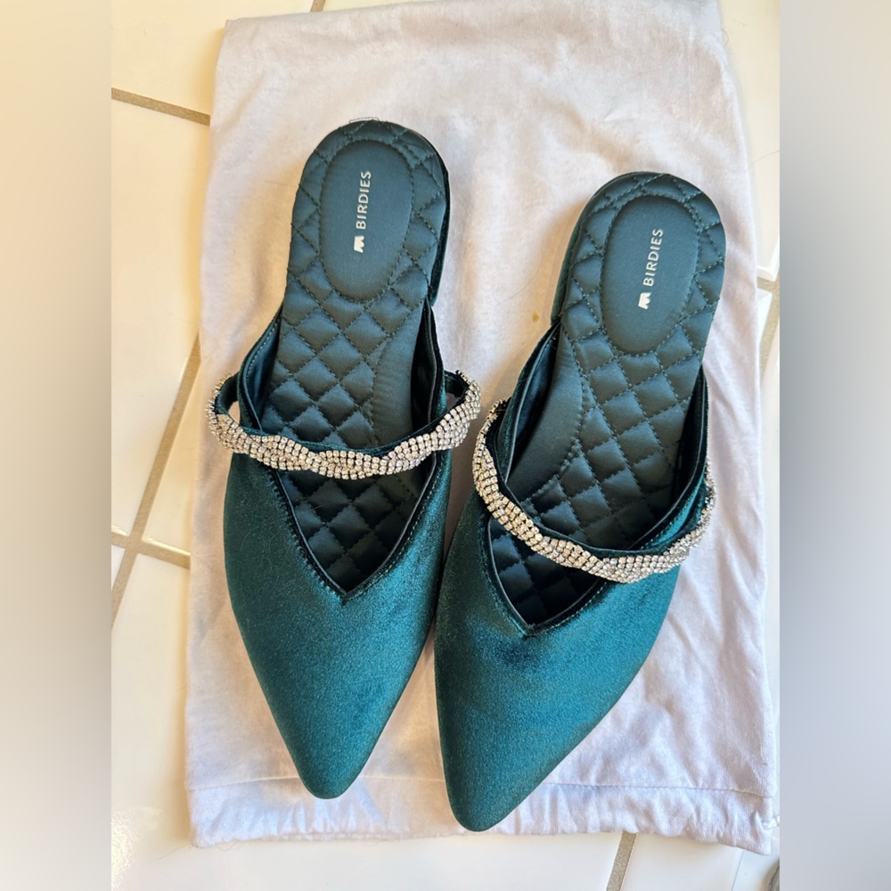 Birdies Swan Velvet & Crystal Mule Slides - Size 10